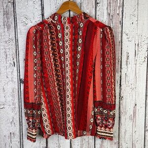 LOFT Tie-Back Multicolor Blouse Size Medium Blouson Sleeves Red‎ Patterned Top